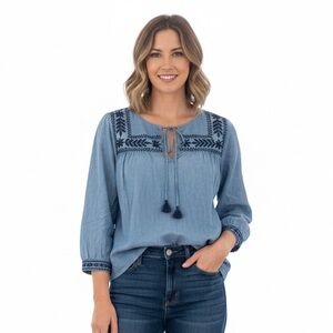 J. Crew Denim Blue Blouse with Navy Embroidery Sz M